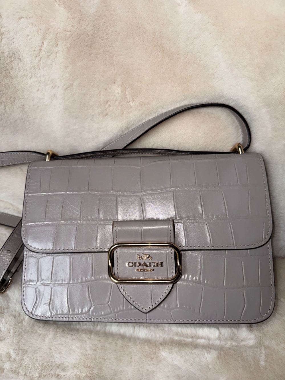 Coach Morgan Square Croc-Embossed Leather Crossbody in Light Gray